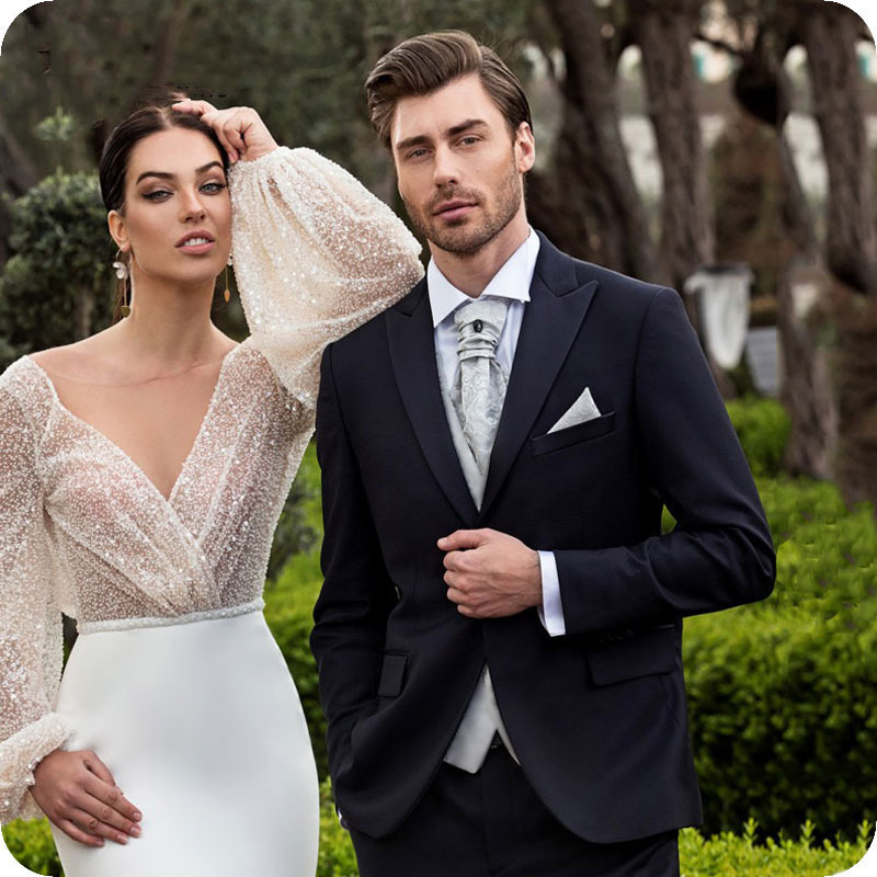 Navy Blue Men Suits for Wedding Suit Men Black Peaked Lapel Slim Fit Groom Wear Tuxedos Prom Groomsmen Male Blazer Costume Homme 201105