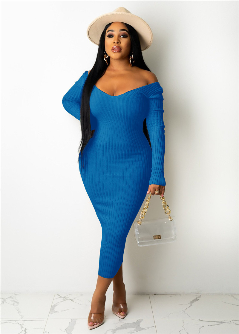 Fall Winter Knitted Ribbed Dresses Women Long Sleeve V Neck Bodycon dress Autumn Midi Skirts Sexy Hip package Wear skirt Solid Party Club