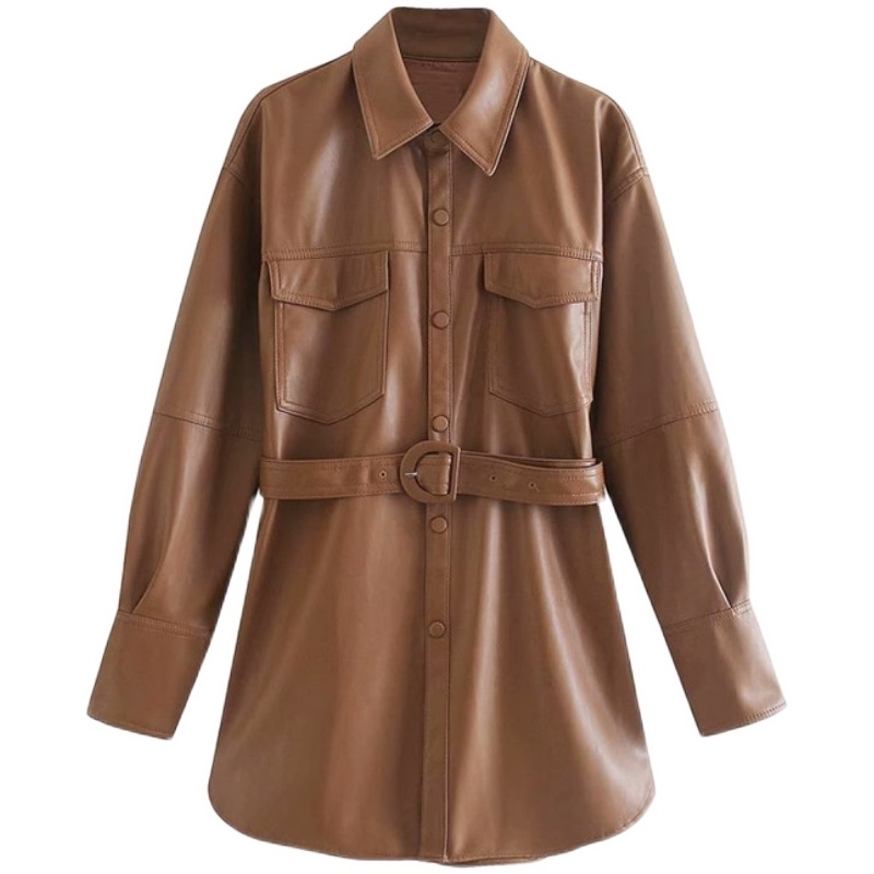 DEAT notched collar full sleeves PU leather single breasted waist belt female fashion autumn and winter jacket WN90904L 201026