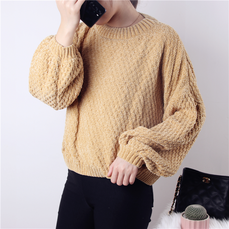 Hirsionsan Chenille Lantern Sleeve Solid Sweater Women Christmas Knitted Loose O Neck Warm Jumper Oversize Short Basic Pullovers 201222