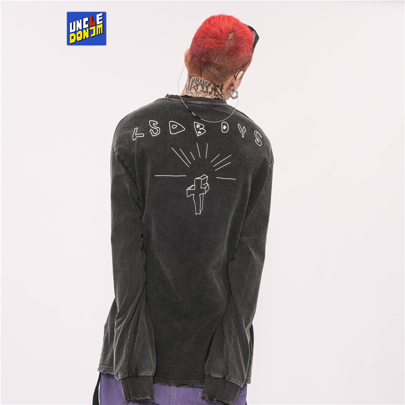 UNCLEDONJM Graphic t shirs Damaged vinage Hip Hop Long sleeve shir oversized shir Sreewear Harajuku Ripped Tees 220309
