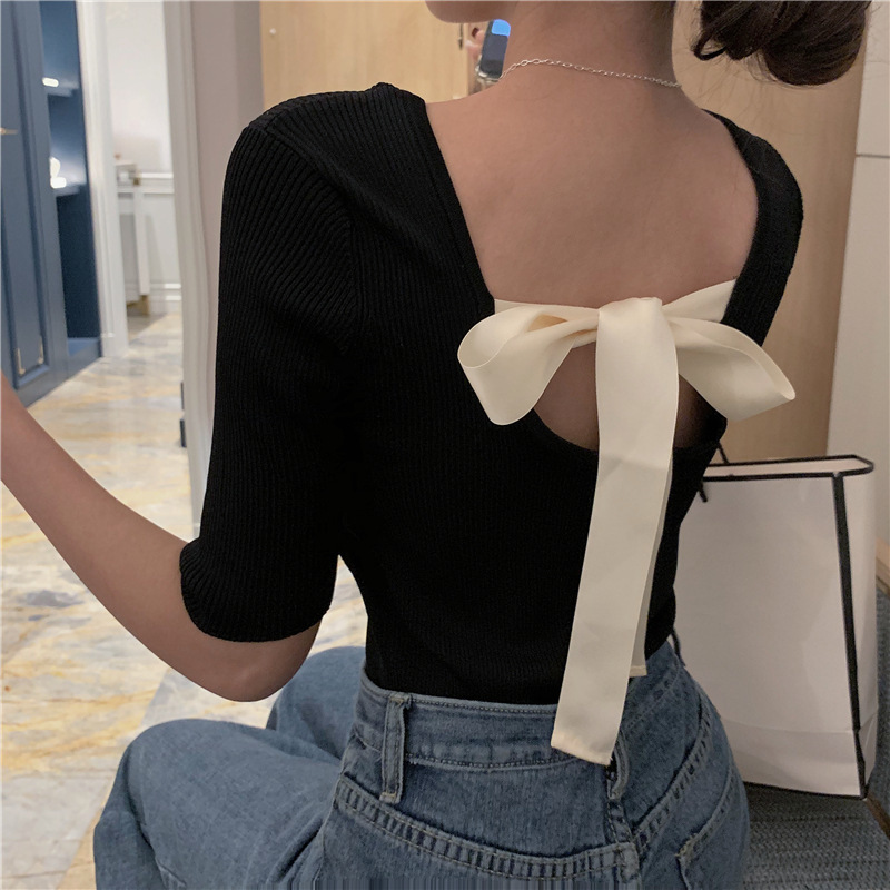 Autumn Women Pullover White Tops Half Sleeve Casual New Arrival Korea Lady Backless Bow Femme elegante Black Knitwear 201111wtt