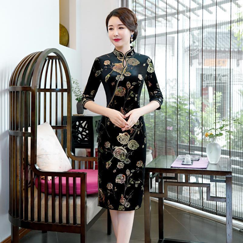 Ethnic Clothing Flower Novelty Female Cheongsam Sexy High Split Qipao Formal Party Gown Black Vintage Dress Mandarin Collar Vestidos Large S
Ethnic Clothing Flower Novelty Female Cheongsam Sexy High Split Qipao Formal Party Gown Black Vintage Dress Mandarin Collar Vestidos Large S
