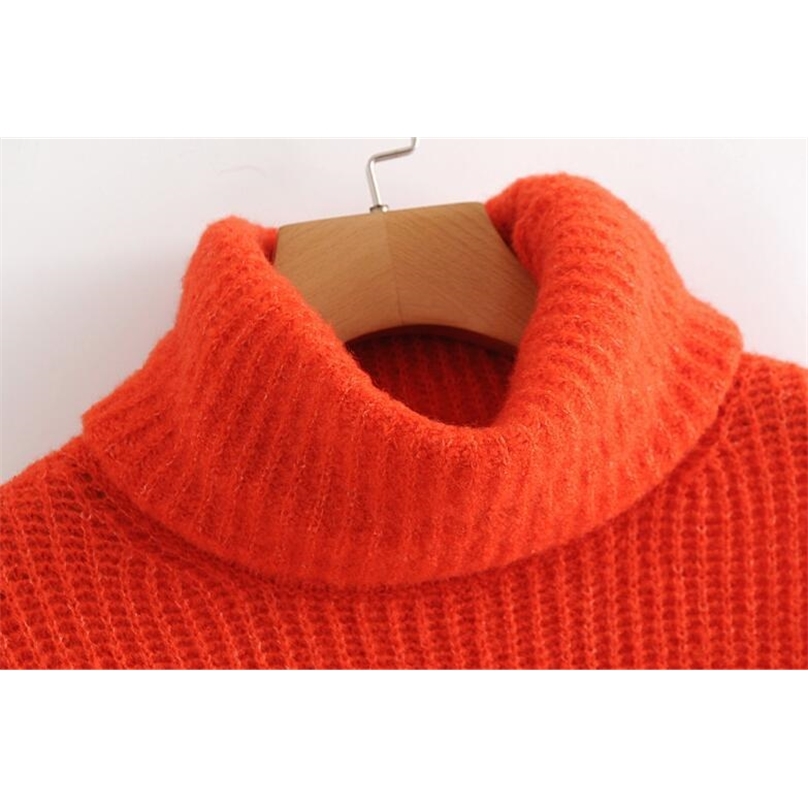 Winter Women Orange Color Turtleneck Knit Sweater Batwing Sleeves Oversize Knit Pullovers 201223