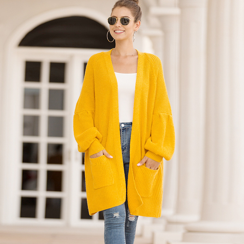 Spring and Autumn Cardigan Sweater Lantern Sleeve Loose and Plus-sized Casual Sweater Women long coat womens sweater 201203