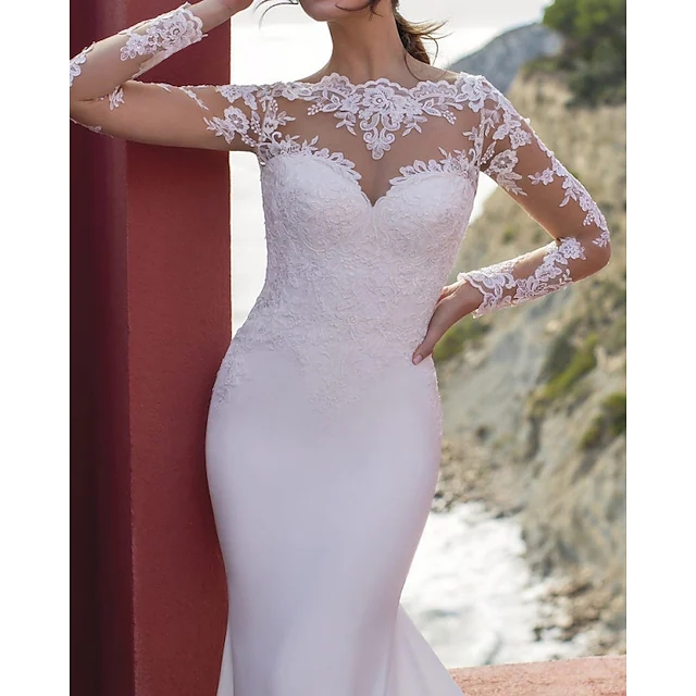 2022 Bridal Gown Trumpet Wedding Dress Jewel Neck Floor Length Lace Stretch Satin Long Sleeve Country Simple Appliques Vestido De Noiva Robe De Mariag