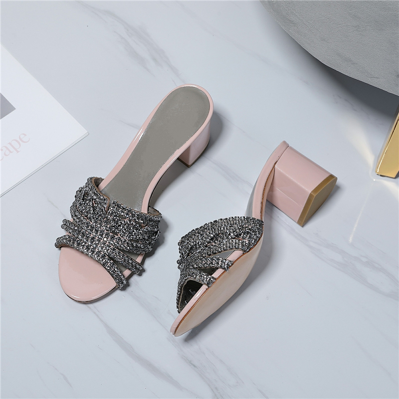 Slipper Crystal Diamond Square Heel Shoes Woman Sexy Stone Grain Gladiator Mules For Women Plus Big Size Y200423