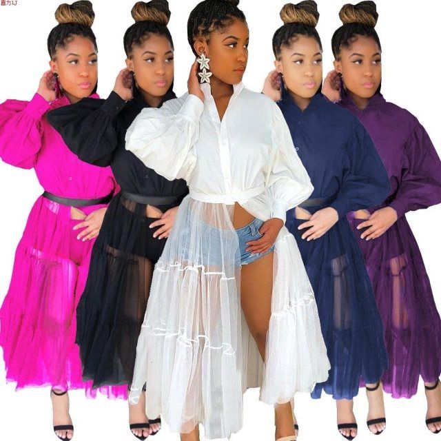 Women' Sexy long lantern sleeve shirt see through mesh patchwork split maxi dress, Blue
Women' Sexy long lantern sleeve shirt see through mesh patchwork split maxi dress, Blue