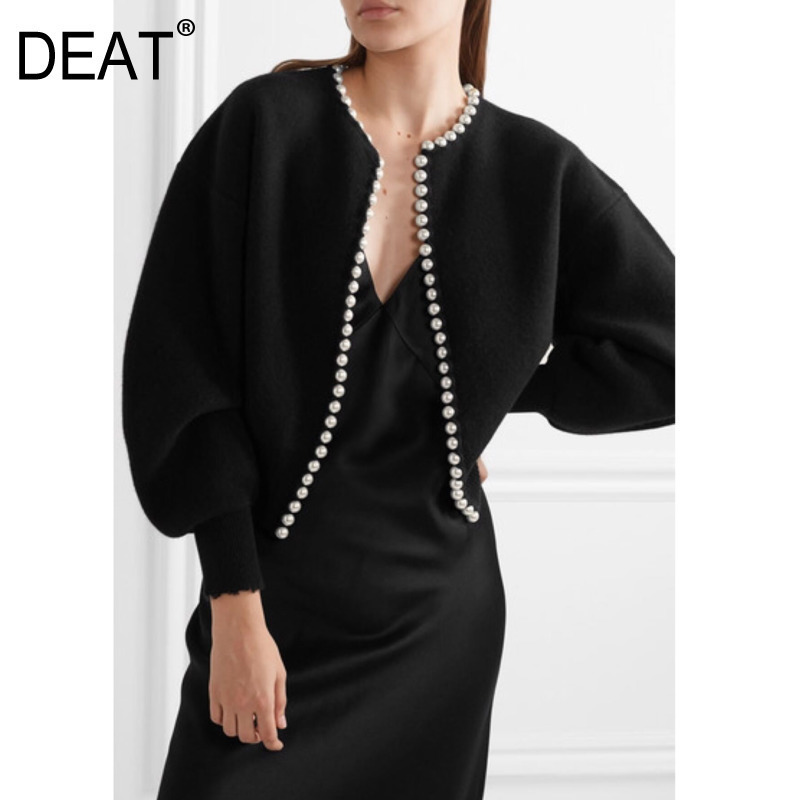 [DEAT] New Fashion Korean Jackets Pearls Cardigan Batwing Sleeve Wool Knit Vintage Women's Coat High Quality Jacket AP520 201106
