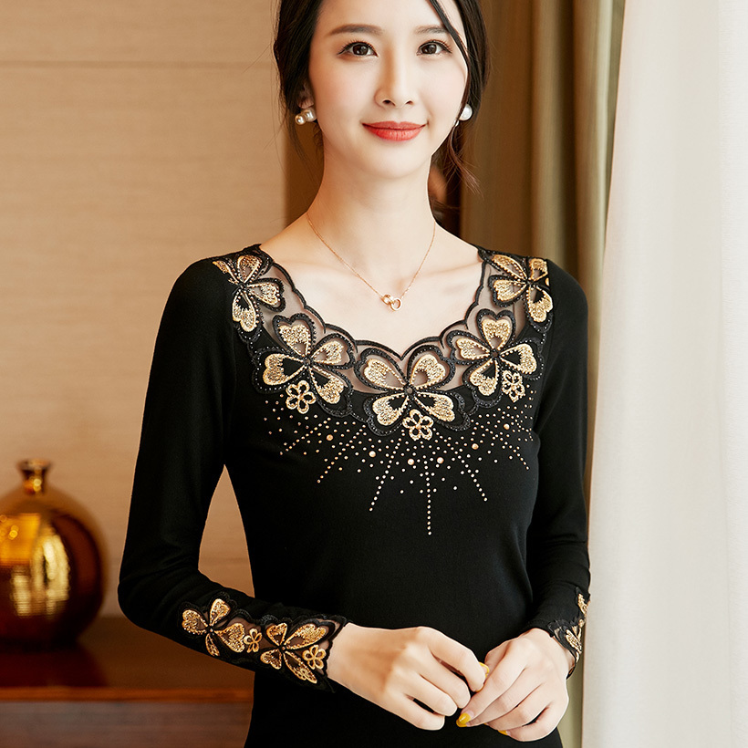 blusas mujer de moda 2019 Autumn long sleeve Embroidered Mesh tops Fashion casual Diamond blouse shirt plus size T200321