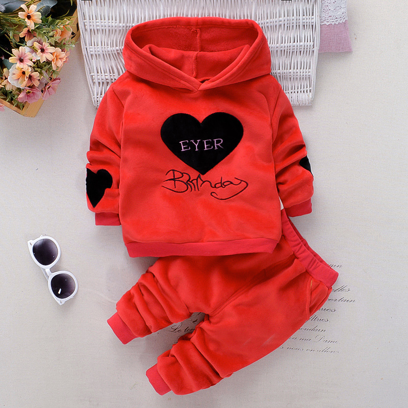 Spring Autumn Baby Girl Clothing Set Kids Tracksuit Plus velvet Hooded Printed T-shirt+Casual Pants 2PCS Children Clothes SuitX1019