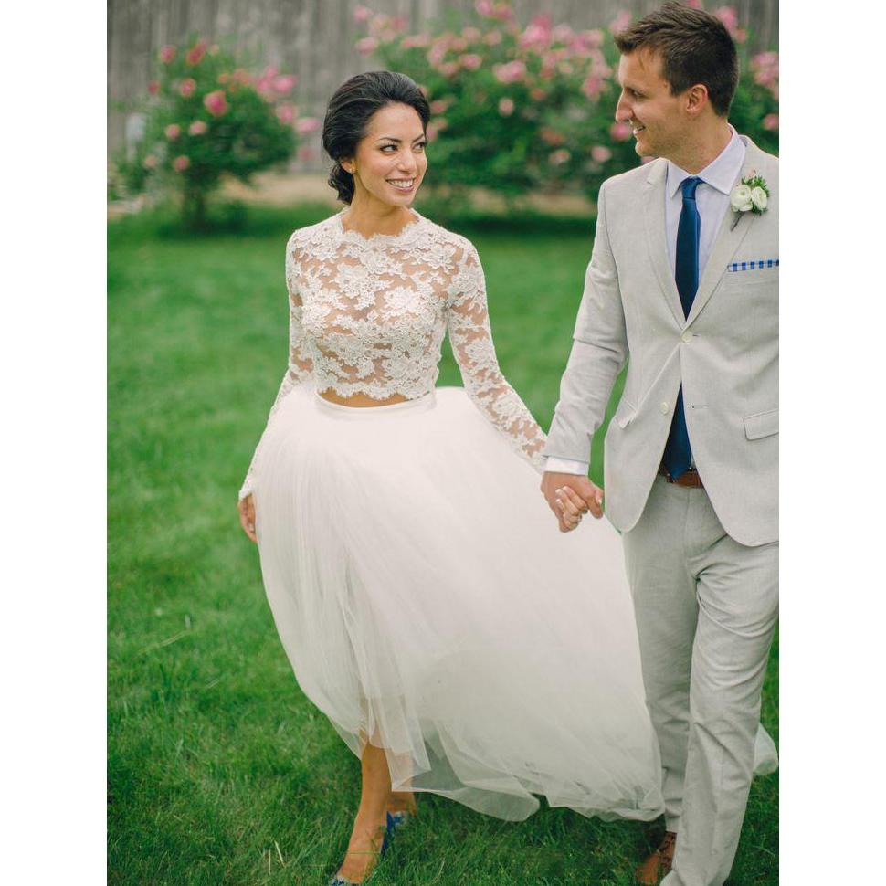 Two Pieces High Low A Line Wedding Dress Sexy See Through Top Lace Long Sleeve Boho Beach Bridal Gowns Fancy Ivory Tulle Bride Wedding Dresses robes d