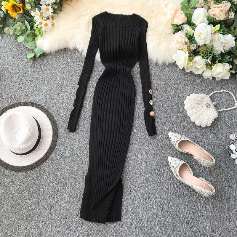 Fashion Button Sexy Slim Autumn Winter Bodycon Knit Sweater Midi Long Dress Party Women Casual Long Sleeve Split Sheath Vestidos 201008
