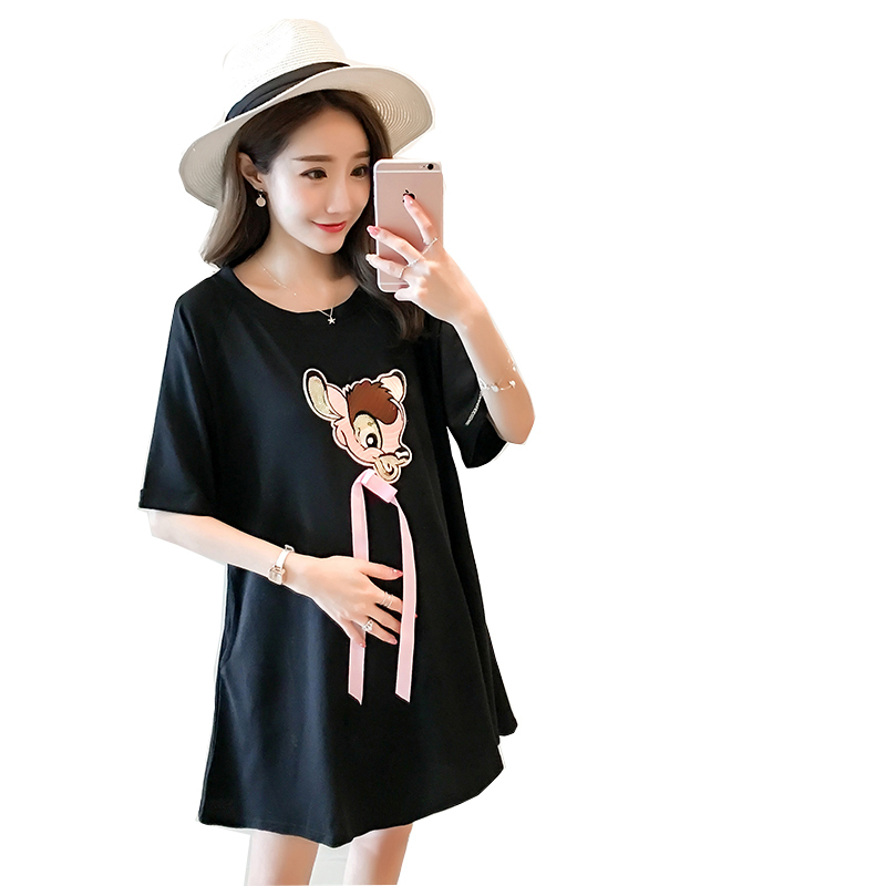 Maternity Clothes Summer Cotton O Neck Cartoon Short Sleeve Loose Stylish Dress for Pregnant Women Mom Dress LJ201125