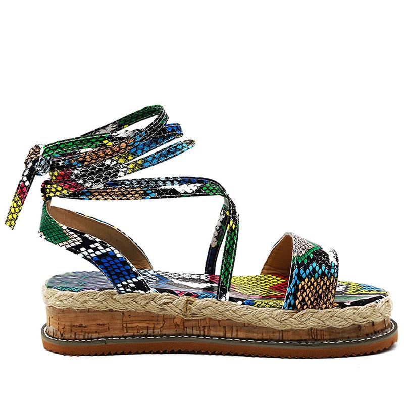 Summer Sandals Shoes Woman Snake Pattern Platform Thick Bottom Wedge Heel Bandage Ladies Beach Party Sandals