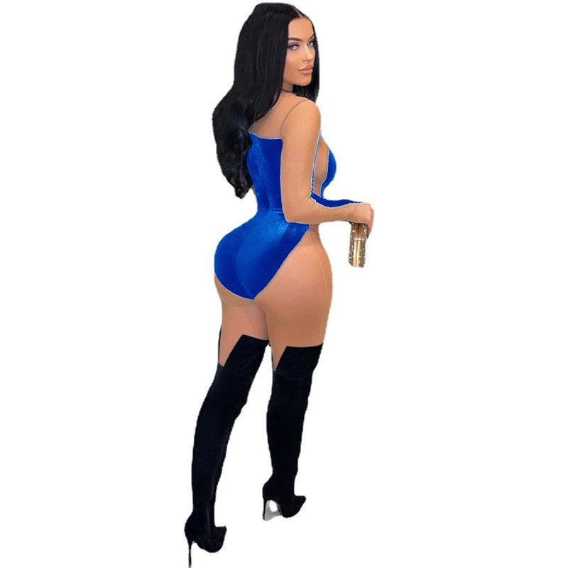 Fall Winter Velvet Jumpsuits Women Velour Mesh Rompers Long Sleeve Jumpers Sheer Casual Bodycon Bodysuit Sexy Night Club Wear Wholesale Items 6922