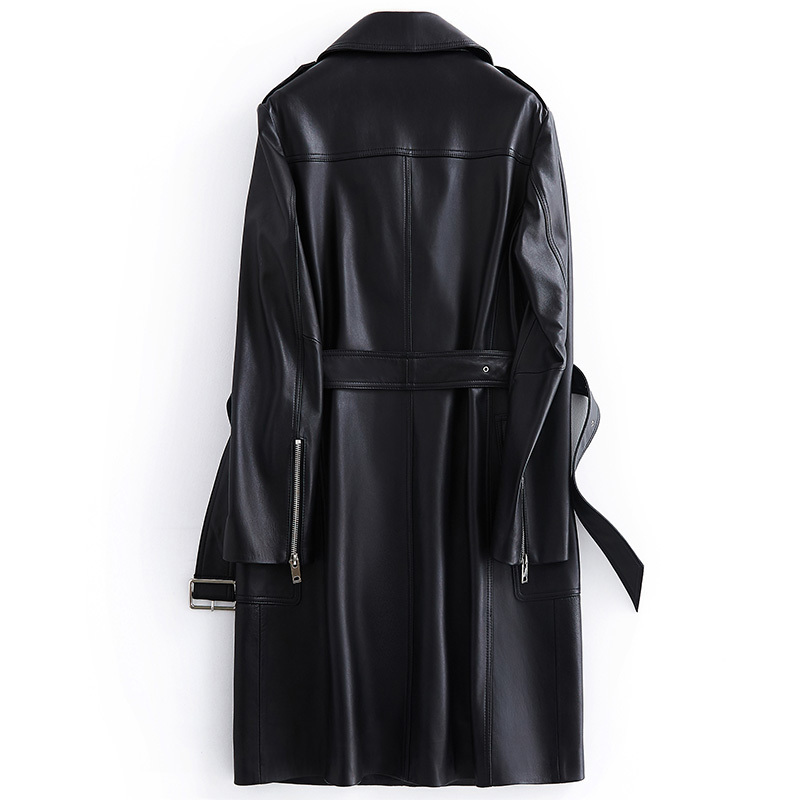 Lautaro Black long faux leather jacket women with many pockets zipper belt lapel Spring plus size leather trench coat for women 201020