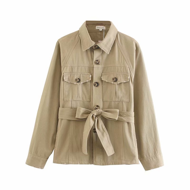 vintage khaki cargo denim jacket women casual sashes pocket bomber jacket autumn winter coats and jackets 201029