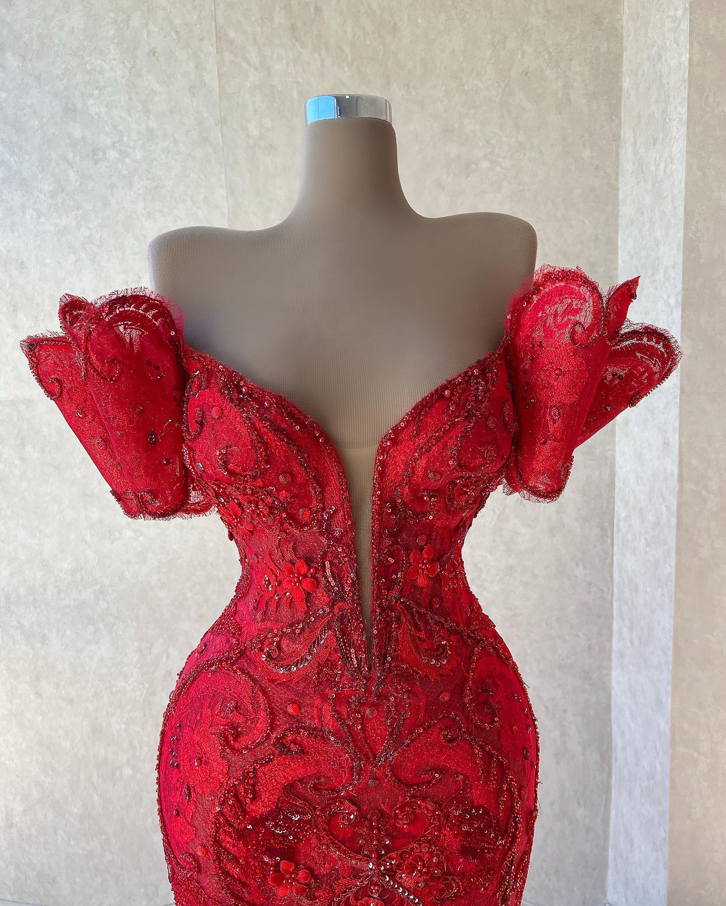 Plus Size Arabic Aso Ebi Red Luxurious Mermaid Prom Dresses Lace Beaded Evening Formal Party Second Reception Birthday Engagement Gowns Dress ZJ210