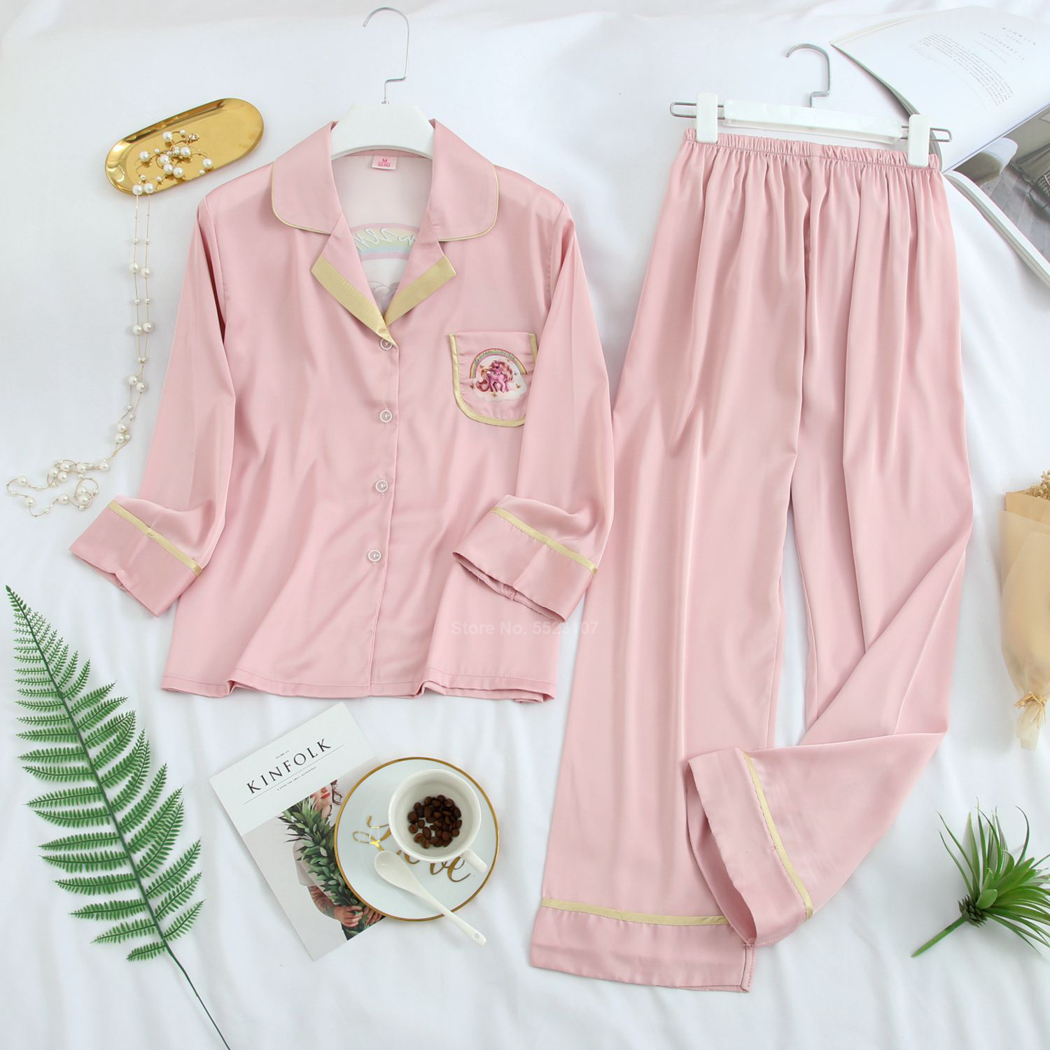 2PCs Pajamas Set for Women Casual Sleepwear Silk Comfortable Top Trousers Clothing Suit Smooth Home Lounge Wear Pyjamas PJs 210203