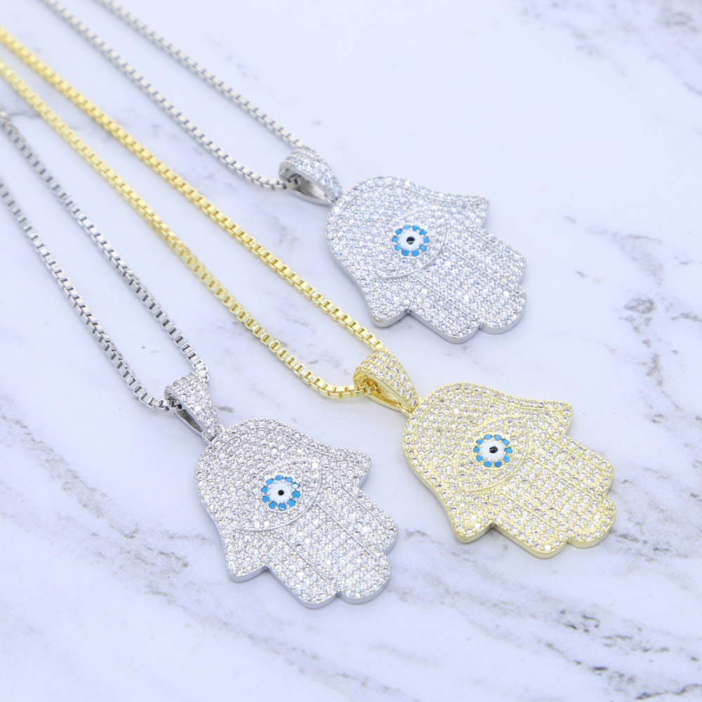 Women wholesale hip hop necklaces jewelry with blue cz paved hamsa hand charm pendant necklace with box chain paved jewelry