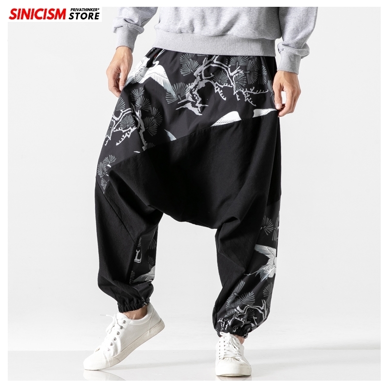 MrGoldenBowl Store Mens Loose Harem Pants Male Autumn Causal Baggy Traditional Pants Crane Print Cotton Pants 201116