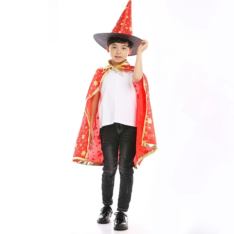 2pcs/set Halloween Cape Cloak Hood+Witch Hats Children Performer Magician Wizard Hot Stamping Five Star Cloak Cape Poncho Hat Set