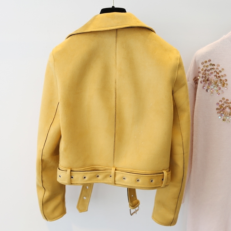 Fitaylor Yellow Suede Leather Jacket Women Slim Zipper Biker Coat Black Motorcycle Biker Belted Short Coats Basic Street Outwear 201030