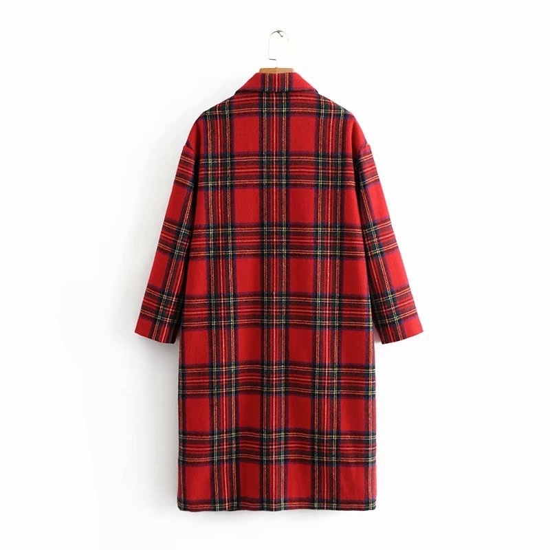 New Arrival Women Red Plaid Blend Wool Coat Casual Single Button Thick Warm With Pocket Elegant Long Fashion Feminine Outwear 201102