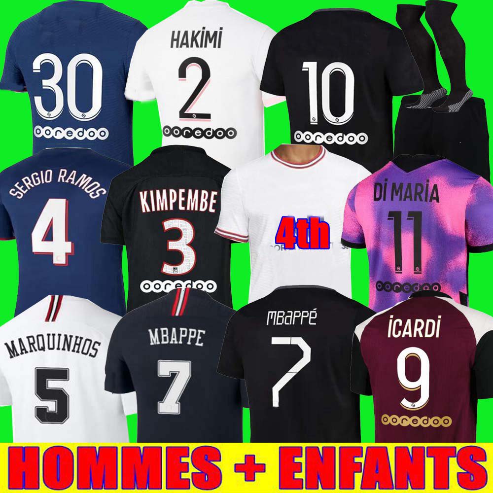 HAKIMI RAMOS maillot de foot 18 19 20 21 22 soccer jersey 2021 MBAPPE shirt men kids hommes enfants black VERRATTI MARQUINHOS KIMPEMBE fourth Icardi di Maria psgS, Home adult ligue 1