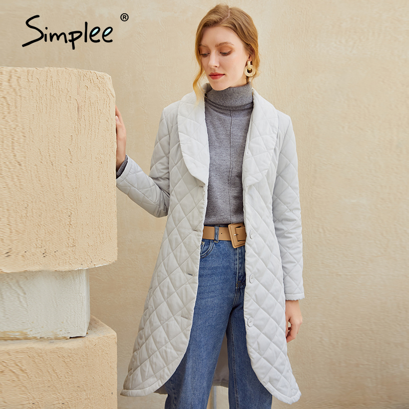 Simplee Chic diamond pattern waist band women down jack V-neck forward-backward asymmetric long coat Warm winter coat new 201029