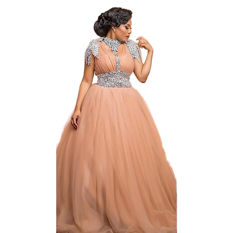 Shiny Crystals Beaded Nude Prom Dresses For Women A Line Short Sleeve Tulle Formal Evening Gowns African Arabic Plus Size Long Special Occasion Dresse