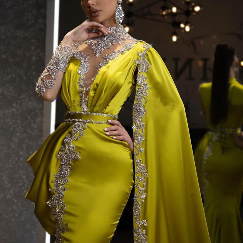 2021 Luxury Beaded Crystals Evening Dresses High Collar with Cape Ruffles Satin Ruffles Long Sleeves Prom Party Gowns vestido de noche