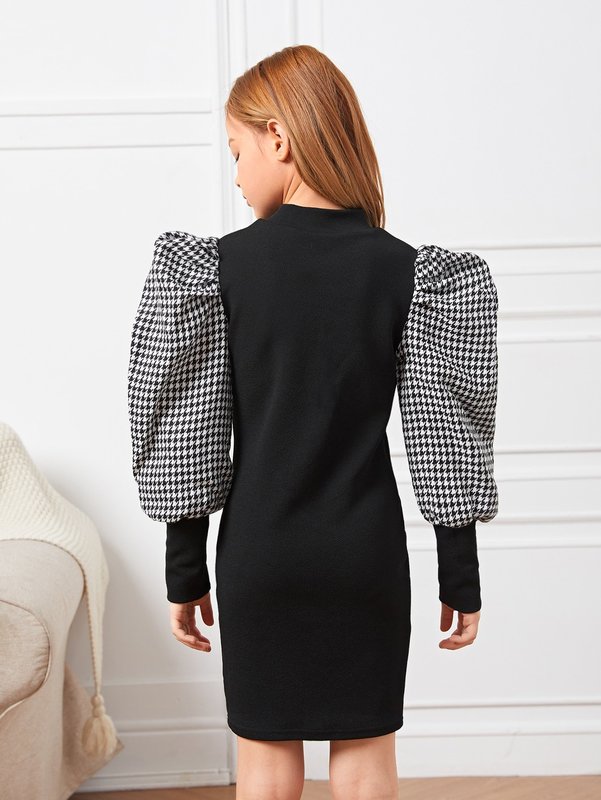Girls Contrast Houndstooth Puff Sleeve Dress Without Belt SHE