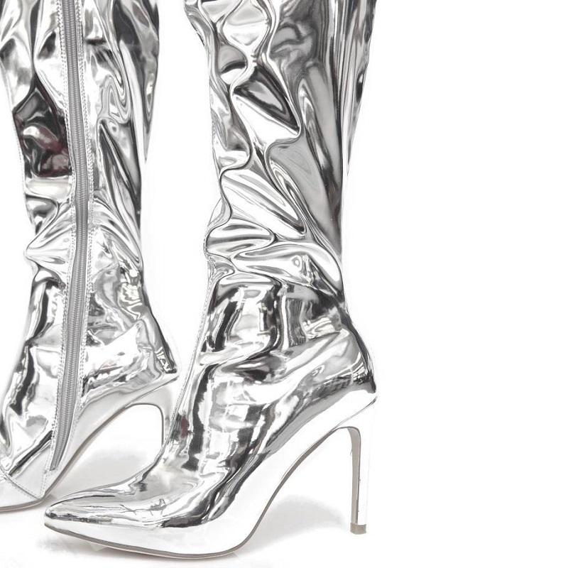 Women Thigh High Boots Autumn Winter Patent Leather High Heels Ladies Shoes Black Pointed Toe Stiletto Over The Knee Long Boots