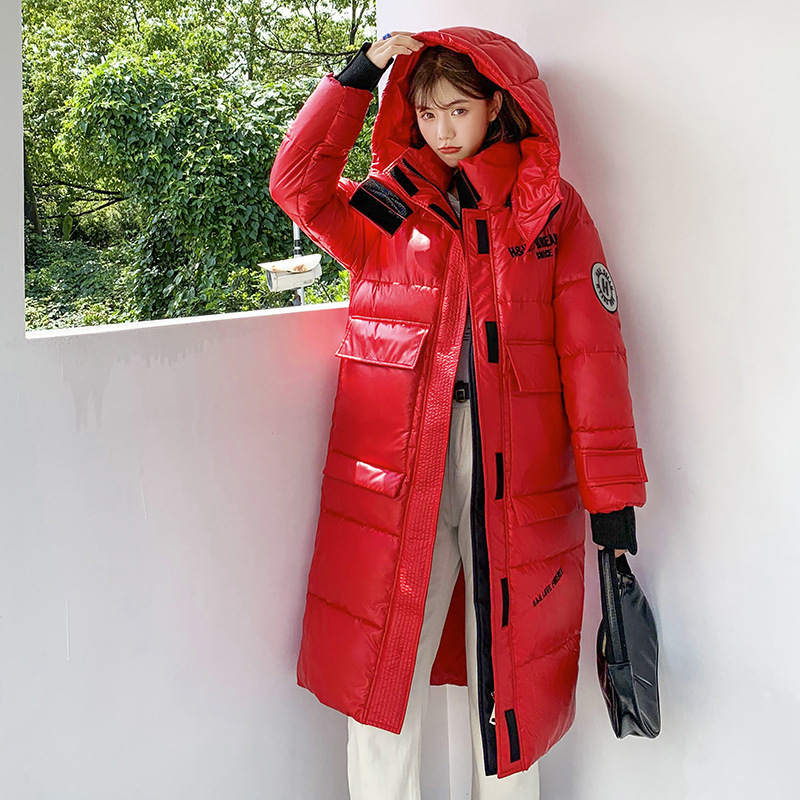 New Fashion Letter Epaulet Long Glossy Parka Coat Warm Thicken Winter Jacket Women Big Pocket Stand Collar Parka 201029