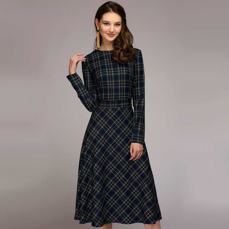 Women Vintage Sashes Plaid Dress Ladies Long Sleeve o Neck Elegant a Line Midi Dress Autumn Bow Tie Party Dress Plus size 201028