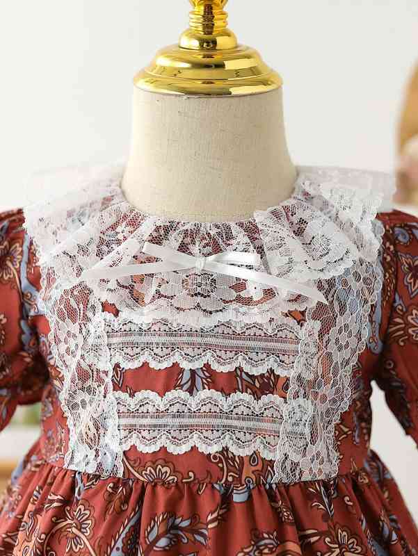 Baby Paisley Print Contrast Lace Puff Sleeve Ruffle Trim Bow Dress SHE