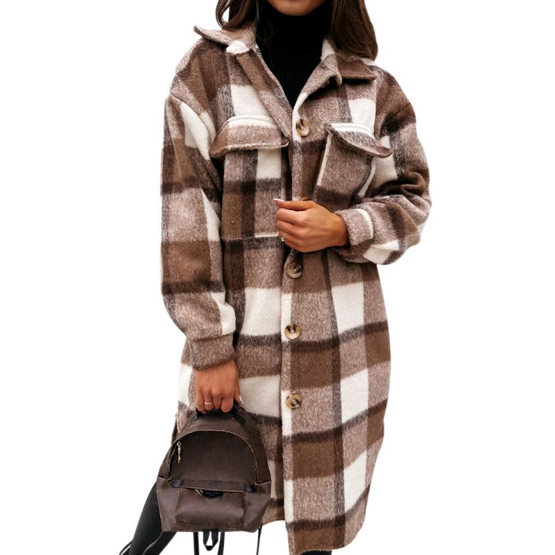 Women's Wool & Blends 2021 Autumn Women Shirt Coat Fashion Plaid Printed Turn Down Collar Long Casual Single-Breasted Winter Female Overcoat