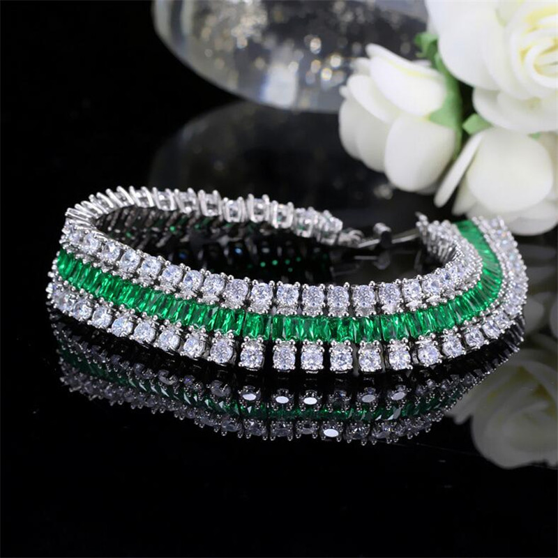 Sparkling New Arrival Top Sell Luxury Jewelry 925 Sterling Silver Emerald CZ Diamond 3 Rows Gemstones Women Wedding Bracelet For Lover Gift
