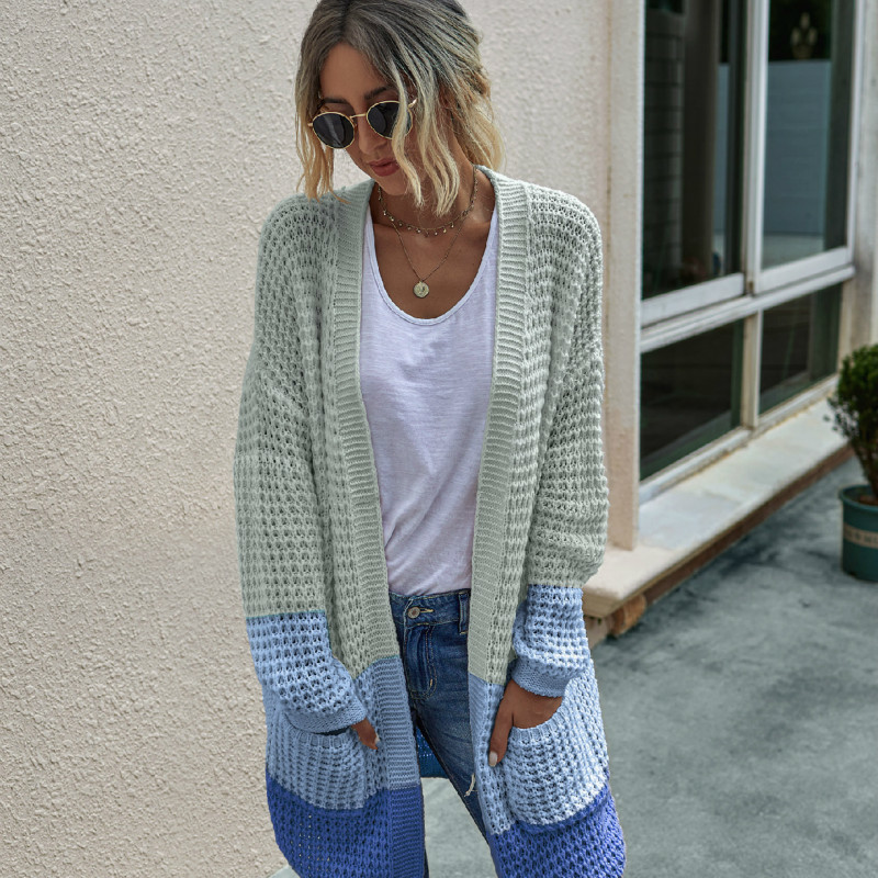 Autumn New Knitted Sweater Long Cardigan Contrast Color Loose Sweater Coat Women's long sweater 201023