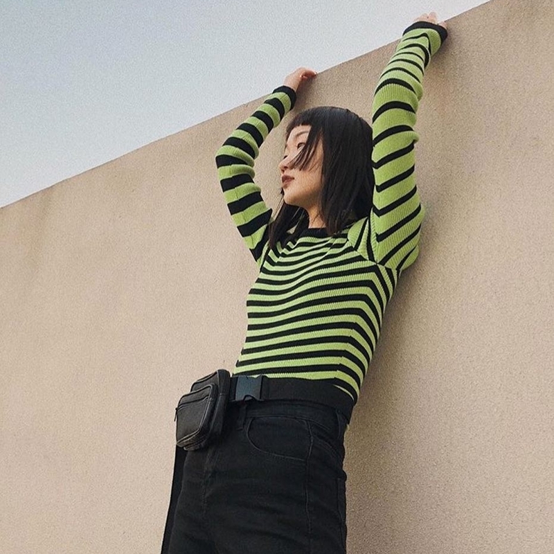 Harajuku Contrast Striped Sweater Black Green Color Block Ribbed Knit Slim Tops Sweater Women Pullovers 201017