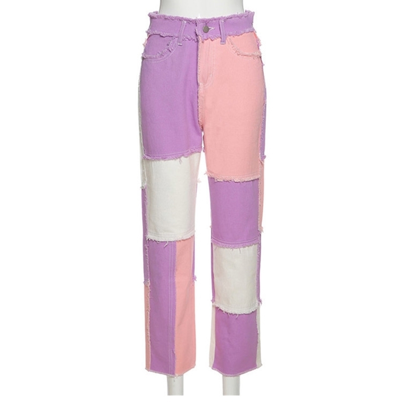 hip hop autumn patchwork Jeans women High waist Hip hop straight Jeans ladies trousers female denim for woman BluePink 201106