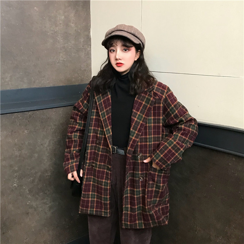 Coat Women Korean Loose Plaid Woolen Jacket for Middle and Long-style Women with A Wide Set of Slim Woolen Jackets In Spring 200930