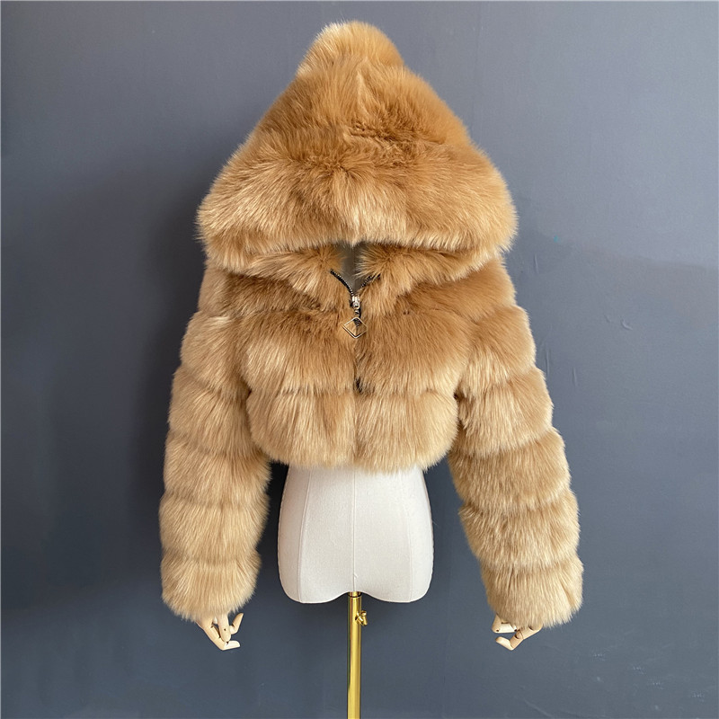 High Quality Cropped Fur Faux Fur Coats and Jackets Women Fluffy Top Coat With Hood Winter Fur Jacket Coat Female 201110