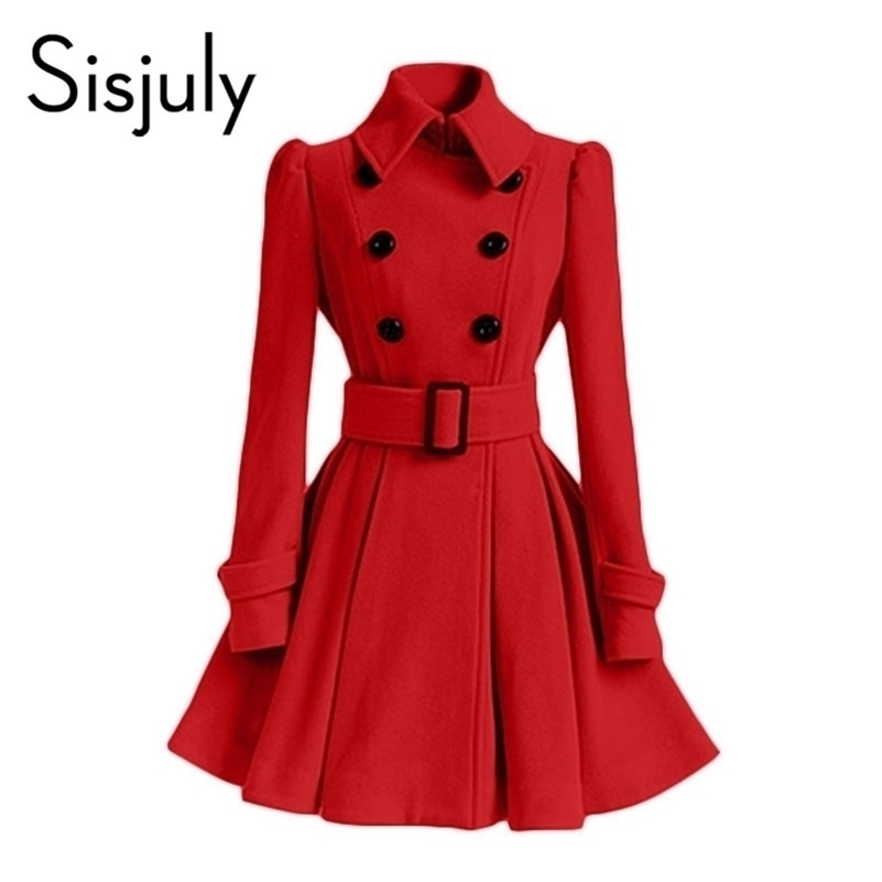Sisjuly Red Wool Women Coat Winter Overcoat Double Breasted Belt Slim Jacket Female Fashion Black Casual Outerwear Vintage Coat 201112