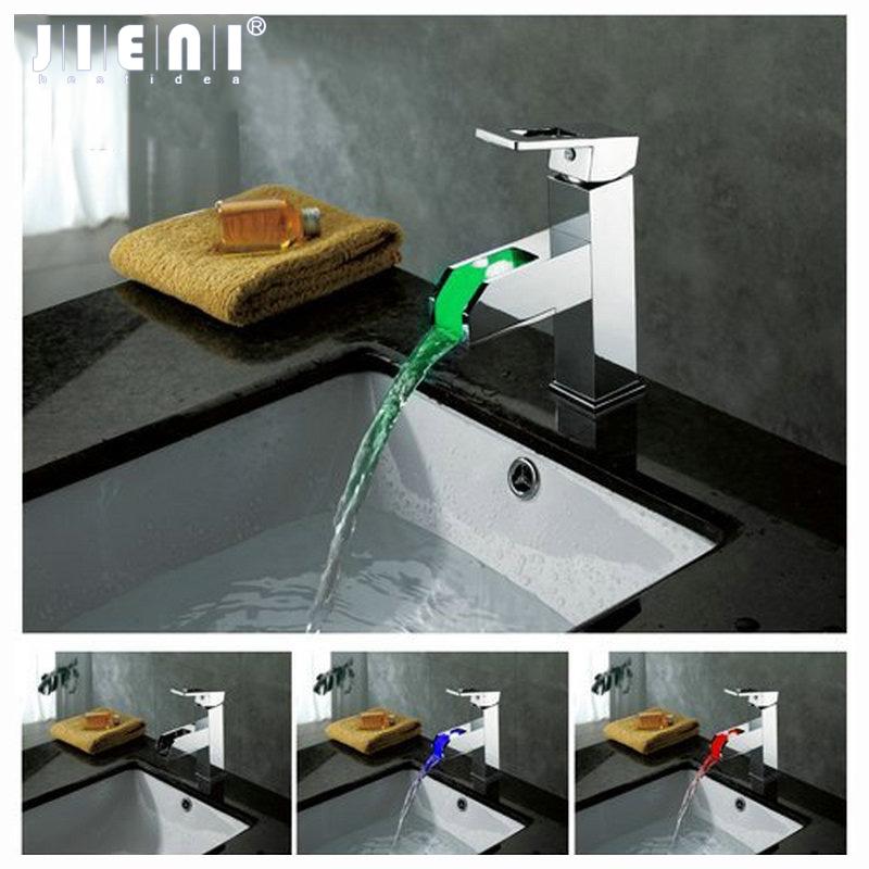 

JIENI Chrome LED Bathroom Basin Faucet Water Tap L-16 Sink Mixer Waterfall Vanity Vessel Sinks Mixers Taps Faucets