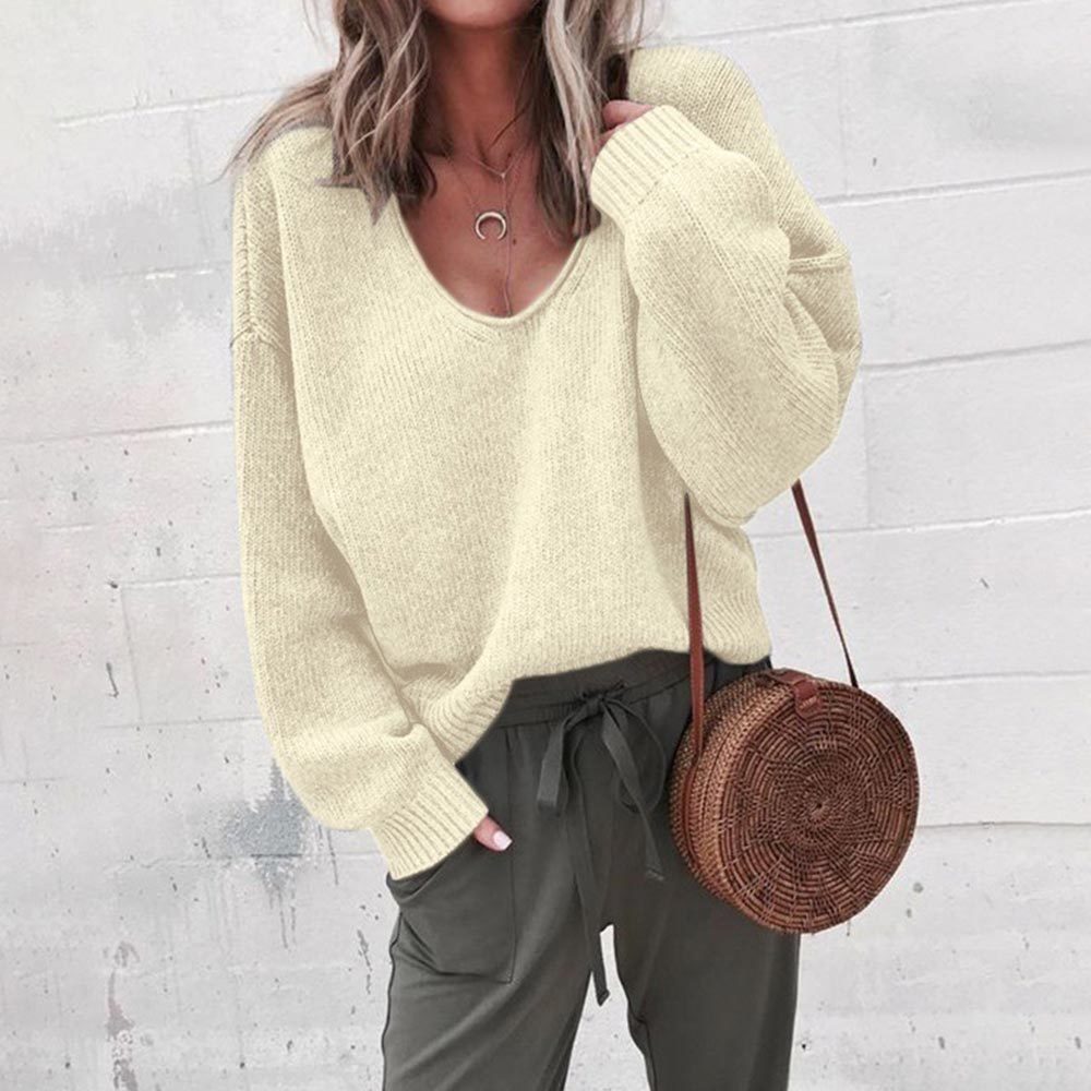 Autumn Winter Fashion Women's Sweater Casual Knitted Sweater Women Streetwear V Neck Long Sleeve Pullovers Loose Solid Coat 201031