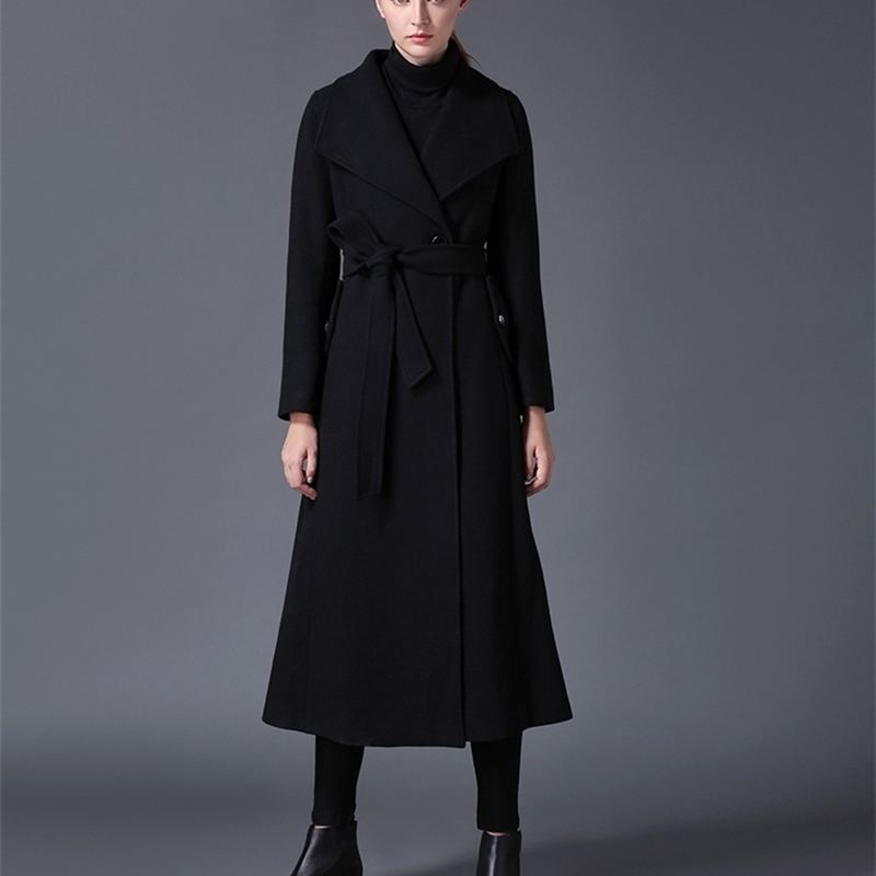 winter women's wool coat lapel black dark blue long section listing large size 201112