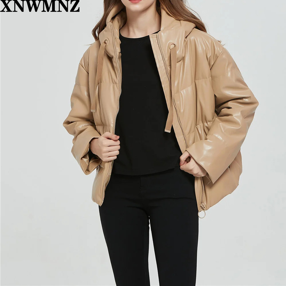 Za Women black fur faux leather jacket coat oversized zipper Winter Female Thick pu hooded jacket Overcoat High quality 201019